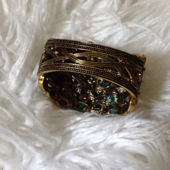 Peacock gemstone antique gold bronze bracelet - Picture 2 of 4